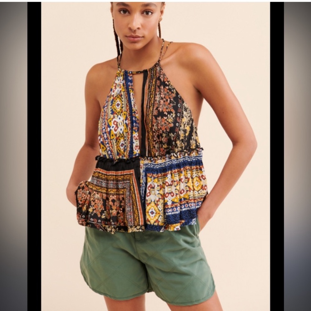 Free People Bellini Patchwork Halter Tank Top-Black Combo Size M Boho open back